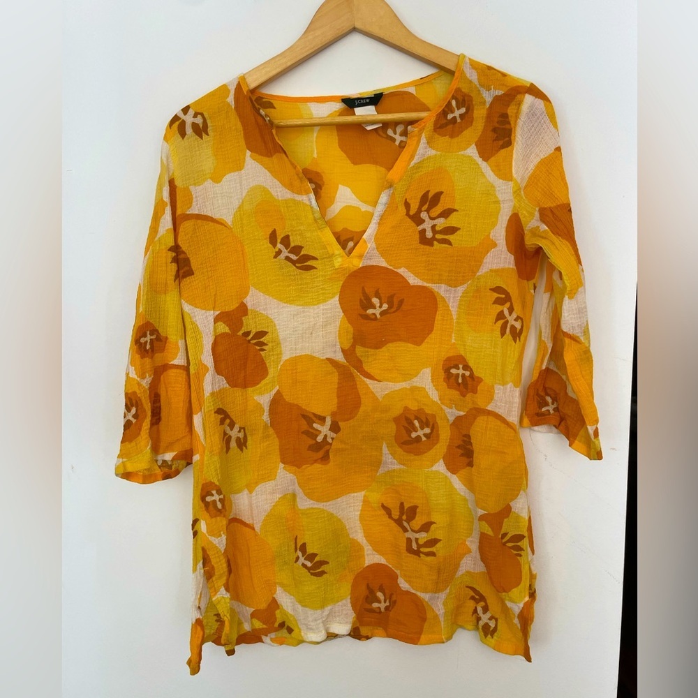 J. Crew Floral V-Neck Tunic Yellow and Orange poppy cotton